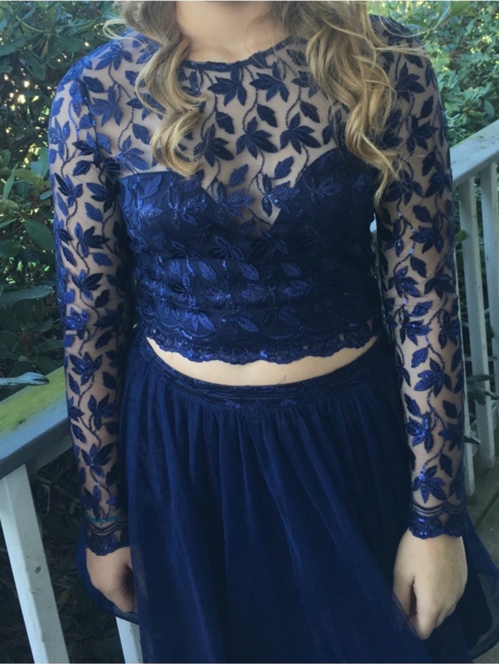 Navy Blue Two-Piece Lace Homecoming Dress